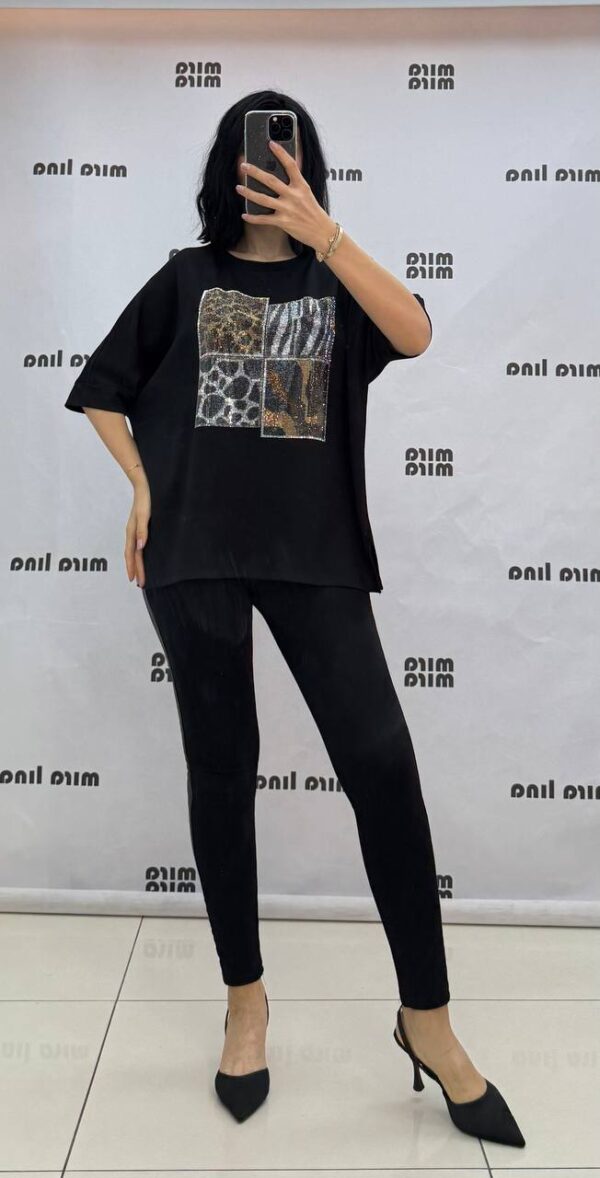 Women's Black Rhinestone Animal Print Fashion Blouse