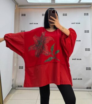 Elegant Oversized Red Blouse with Floral Detail