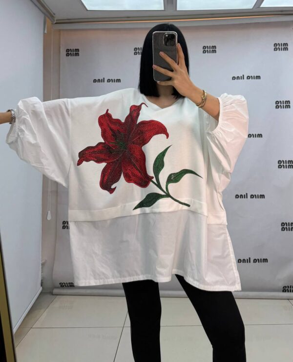 Elegant Oversized Red Blouse with Floral Detail