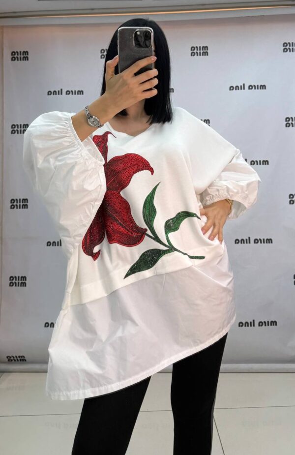 Elegant Oversized Red Blouse with Floral Detail