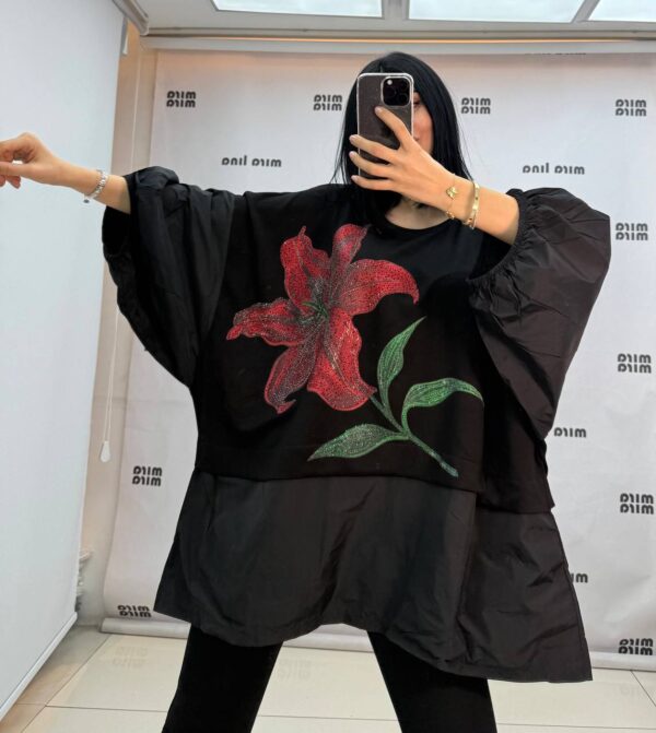 Elegant Oversized Red Blouse with Floral Detail