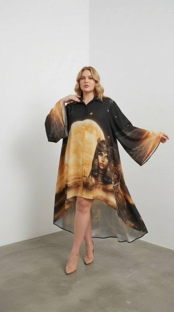 Oversized Egyptian Print High-Low Shirt Dress