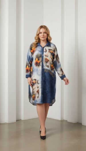 Chic Graphic Print Denim Shirt Mini Dress