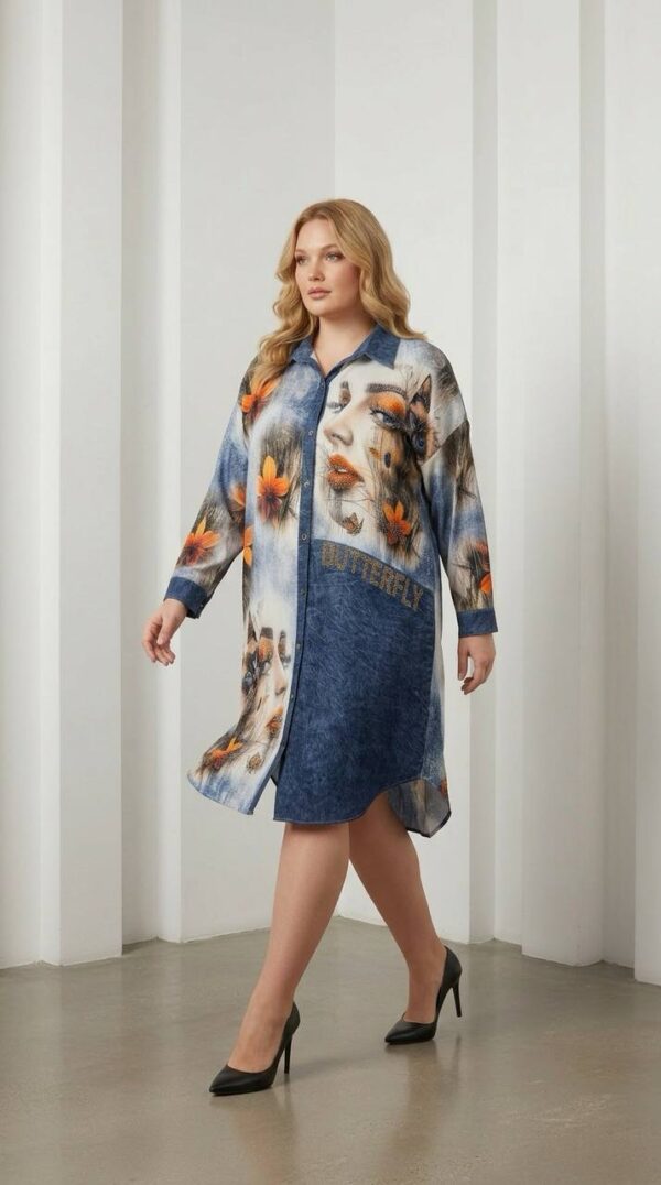 Chic Graphic Print Denim Shirt Mini Dress