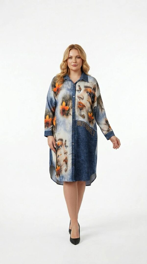 Chic Graphic Print Denim Shirt Mini Dress