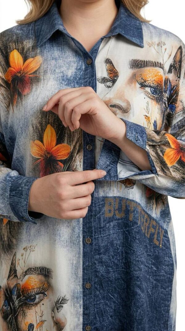 Chic Graphic Print Denim Shirt Mini Dress