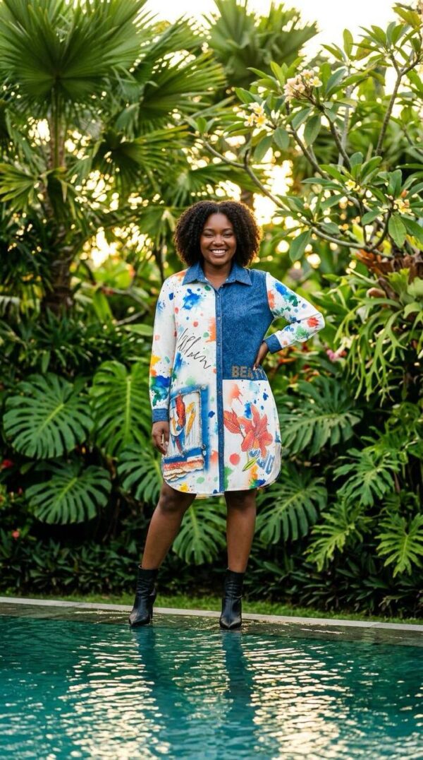 Artistic Paint Splatter Denim Mini Shirt Dress