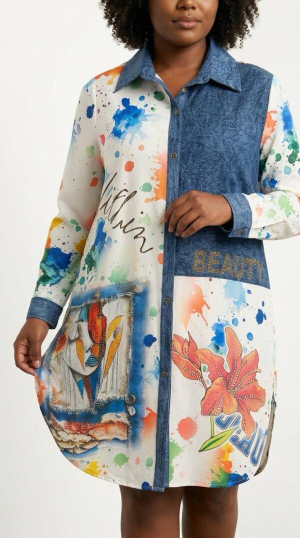 Artistic Paint Splatter Denim Mini Shirt Dress