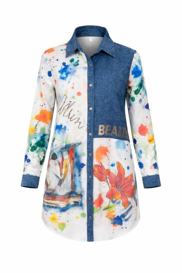 Artistic Paint Splatter Denim Mini Shirt Dress