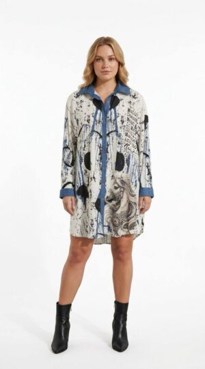 Graphic Print Mini Shirt Dress with Denim Accents