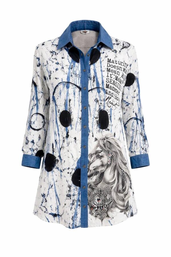 Graphic Print Mini Shirt Dress with Denim Accents