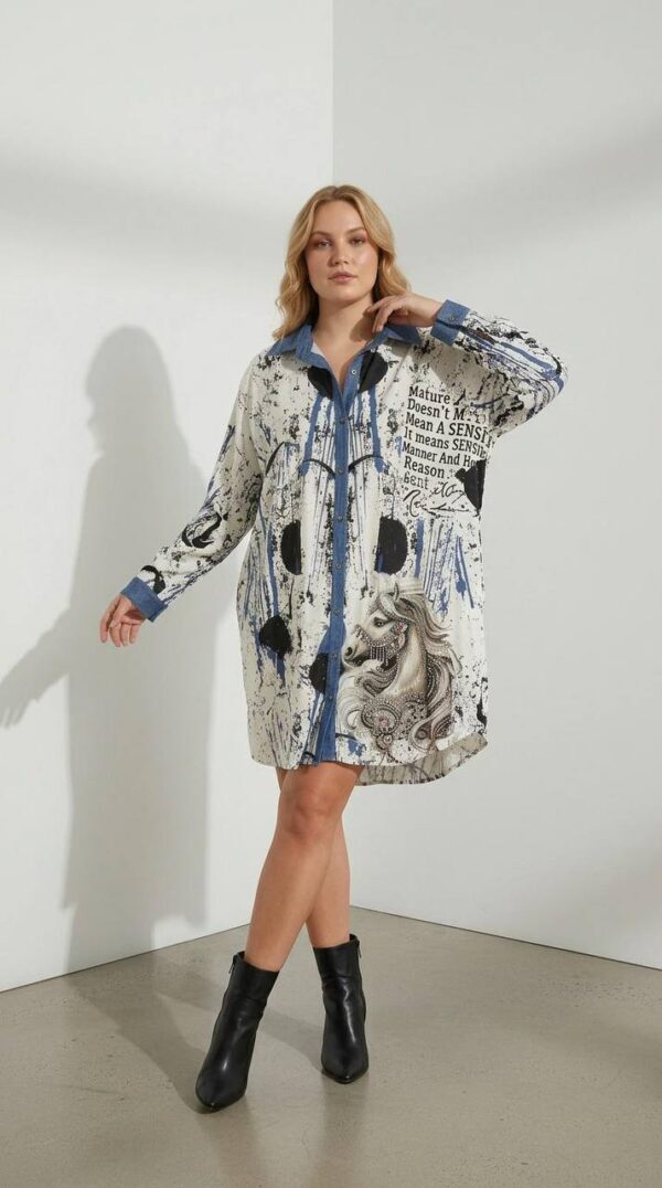 Graphic Print Mini Shirt Dress with Denim Accents