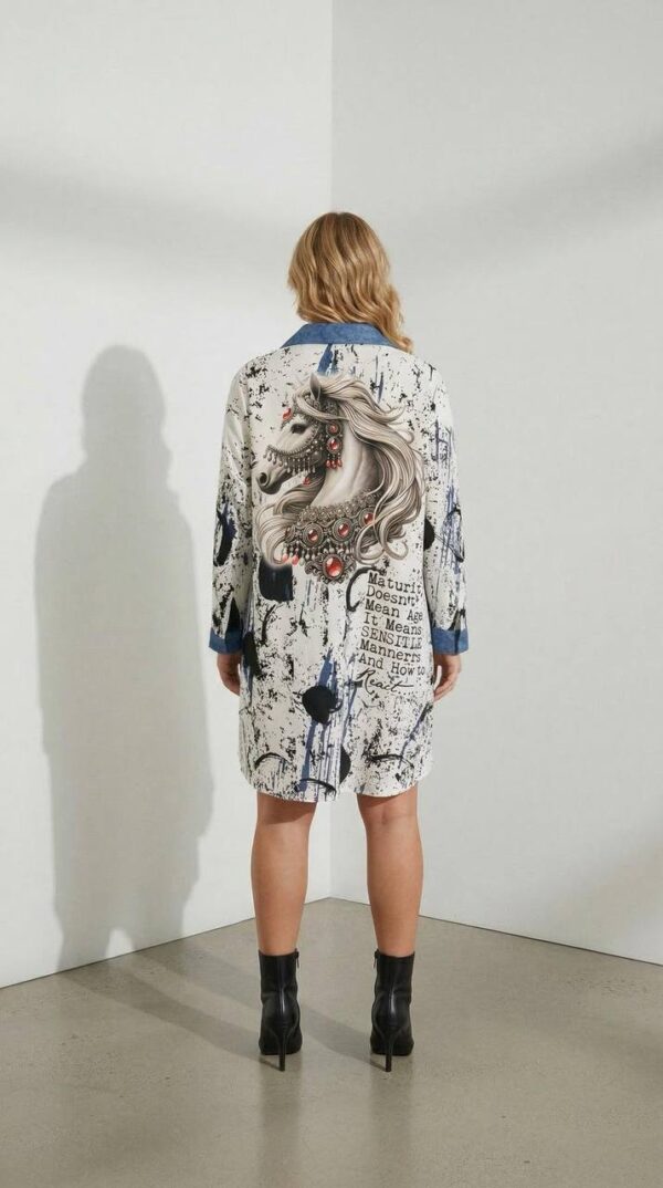 Graphic Print Mini Shirt Dress with Denim Accents