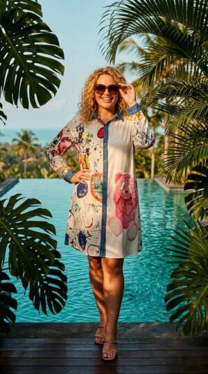 Graphic Print Shirt Dress with Denim Accents