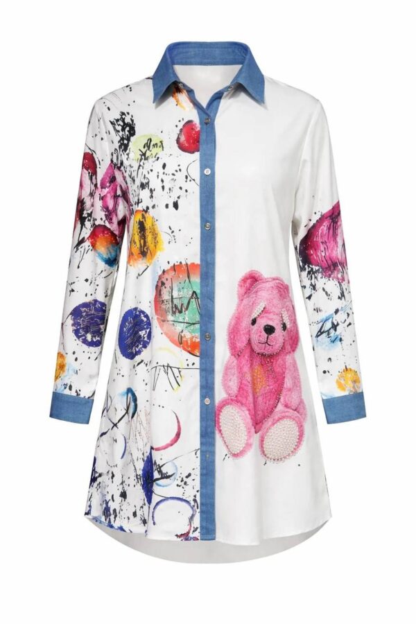 Graphic Print Shirt Dress with Denim Accents