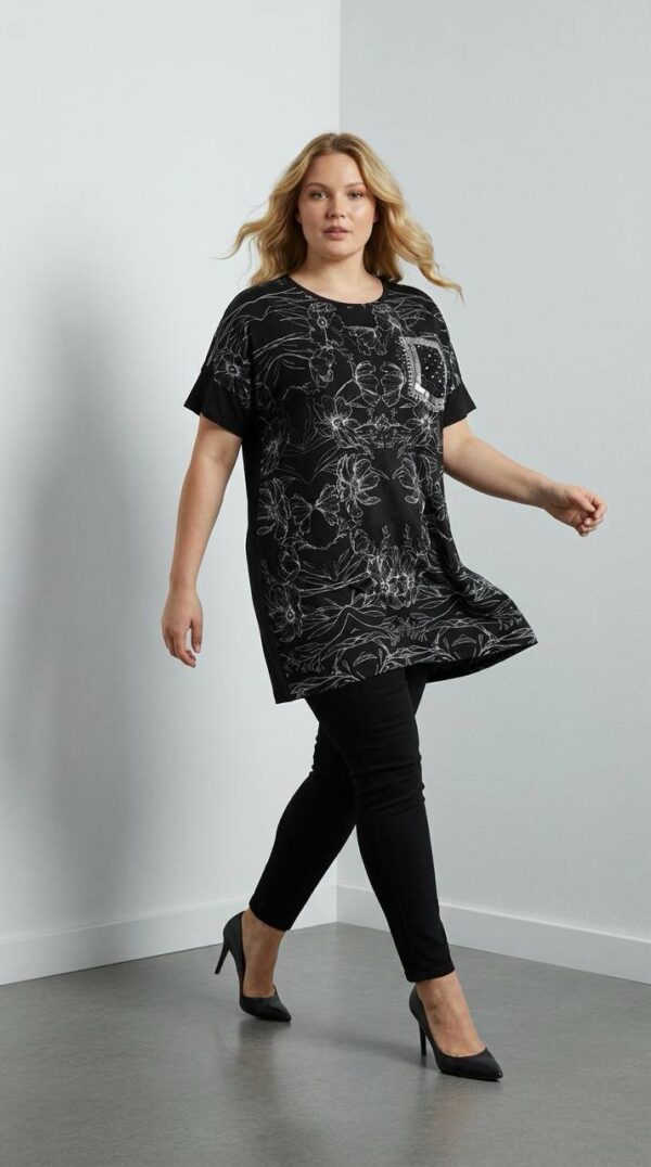 Floral Print Tunic Blouse with Embellished Pocket