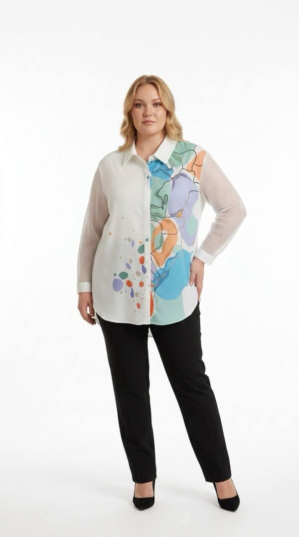 Women's Abstract Print Mesh Sleeve Tunic Shirt