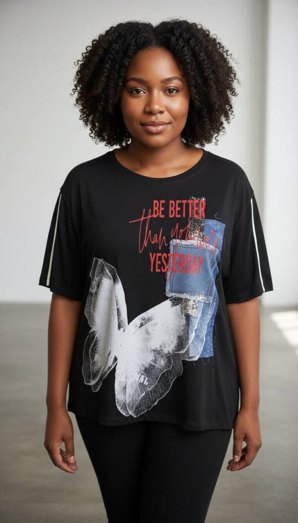 Lavelina Graphic Butterfly Print Blouse with Denim Detail