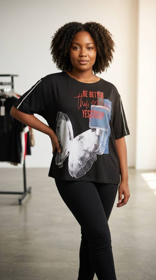 Lavelina Graphic Butterfly Print Blouse with Denim Detail