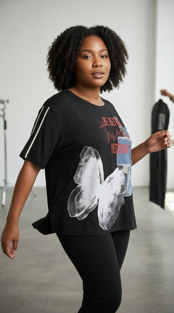 Lavelina Graphic Butterfly Print Blouse with Denim Detail