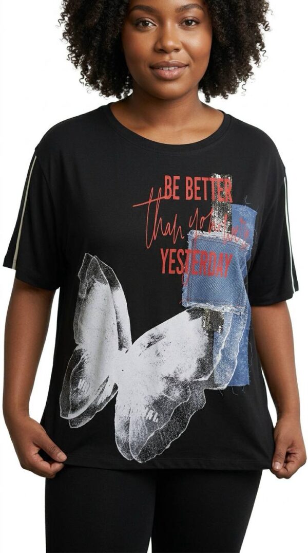 Lavelina Graphic Butterfly Print Blouse with Denim Detail