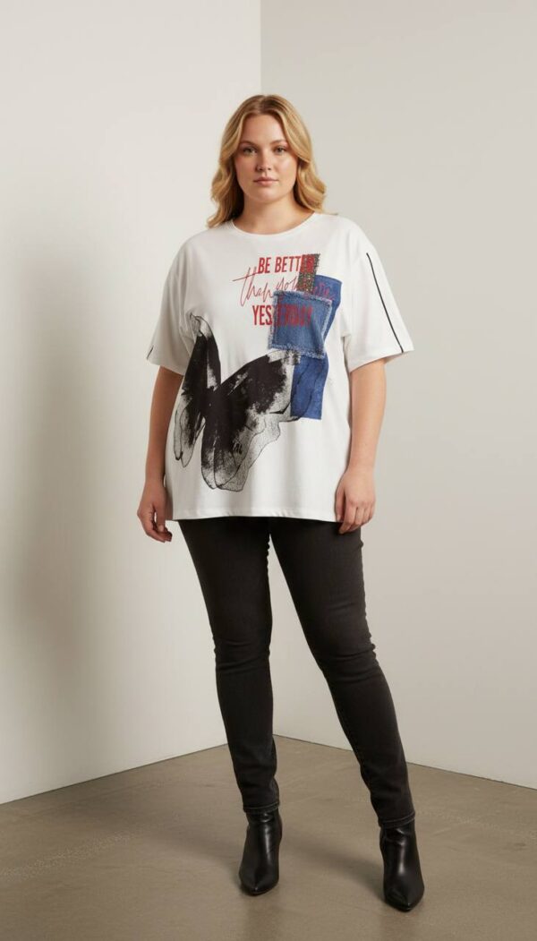 Lavelina Graphic Butterfly Print Blouse with Denim Detail