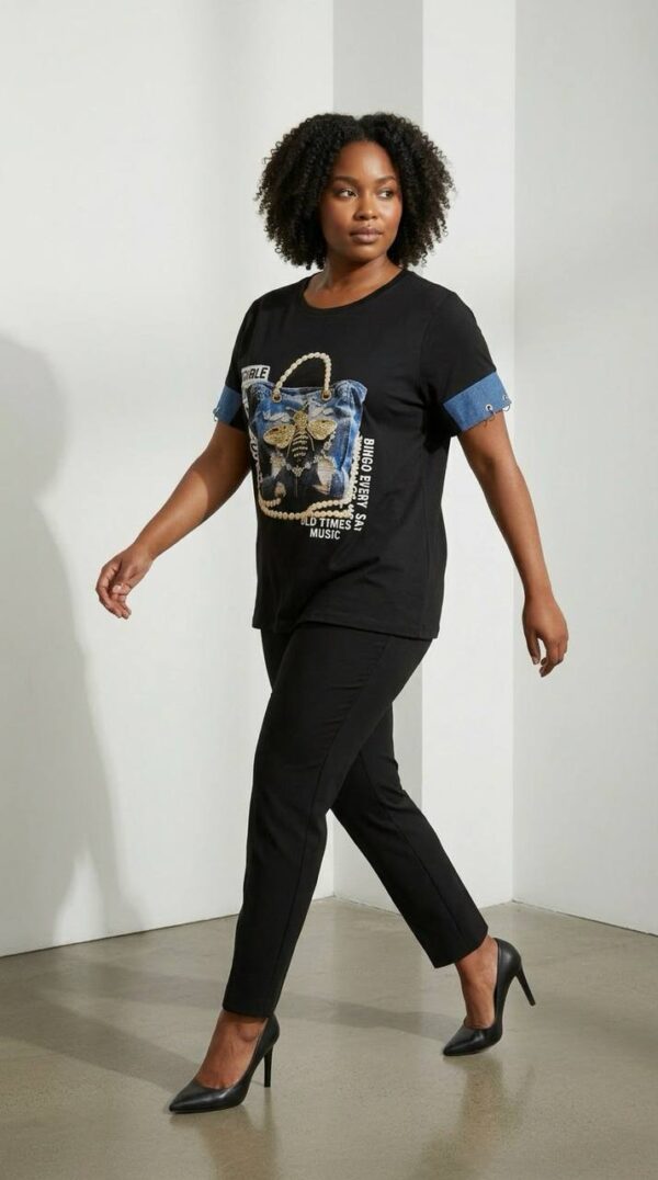 Premium Graphic Print Blouse with Denim Accents