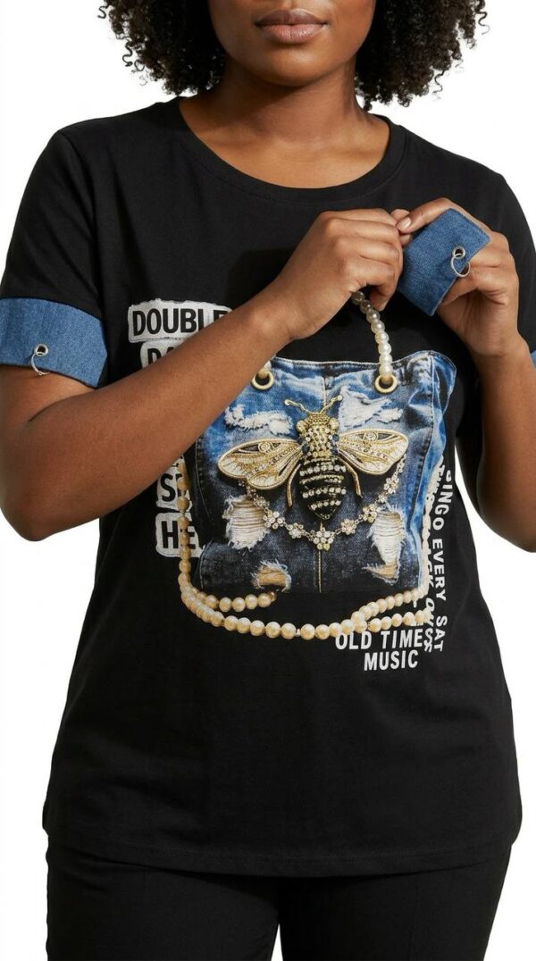 Premium Graphic Print Blouse with Denim Accents