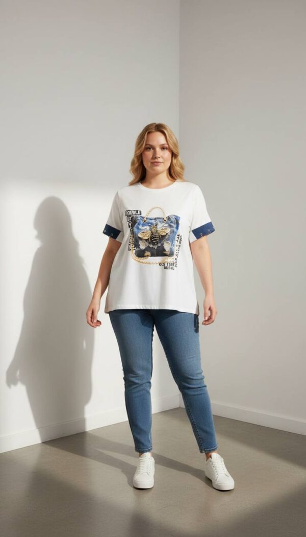 Premium Graphic Print Blouse with Denim Accents