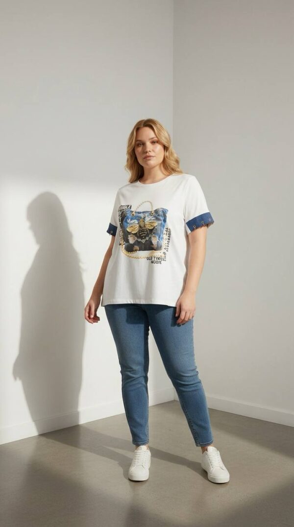 Premium Graphic Print Blouse with Denim Accents