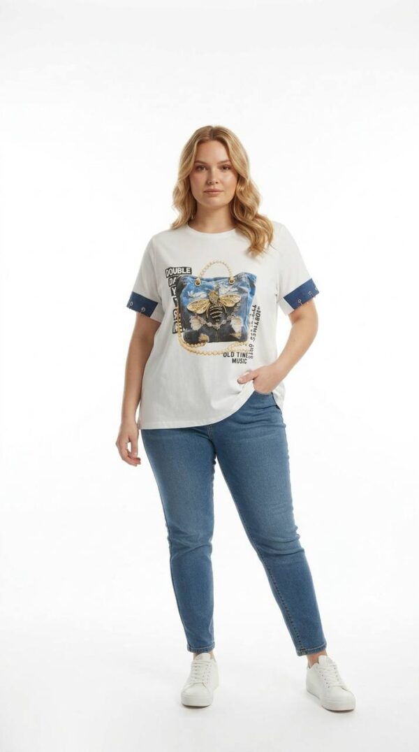 Premium Graphic Print Blouse with Denim Accents
