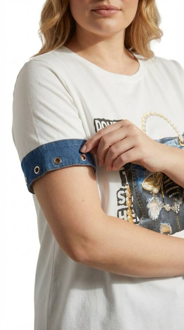 Premium Graphic Print Blouse with Denim Accents