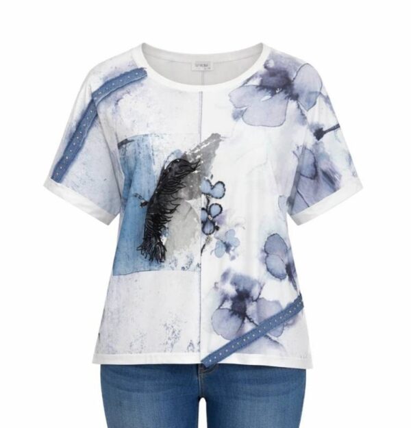 Elegant Floral Print Mixed Media Short Sleeve Blouse
