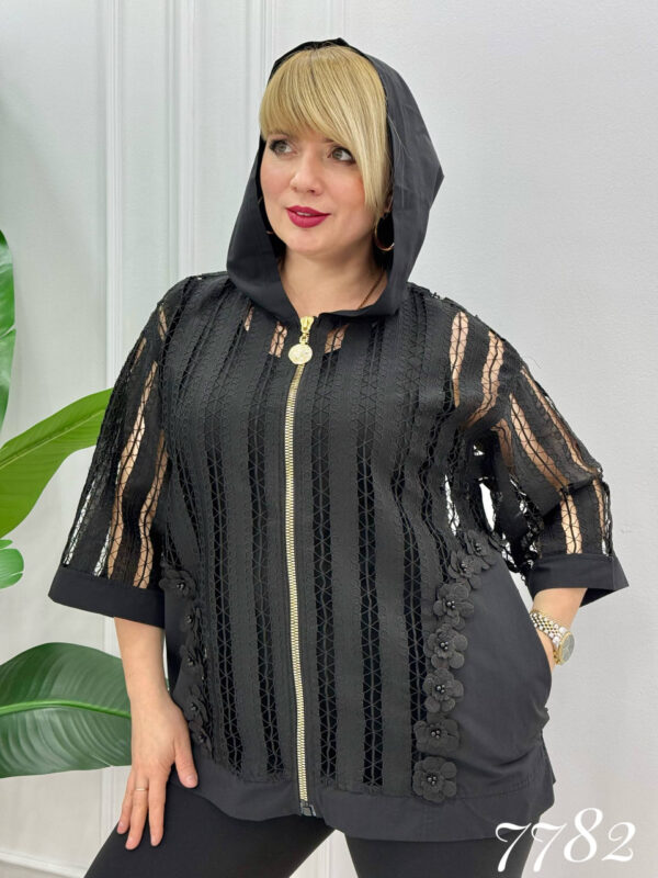 Women's Elegant Black Lace Hooded Bomber Jacket