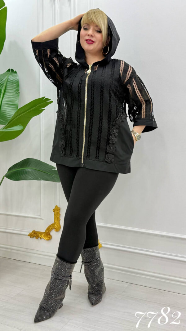 Women's Elegant Black Lace Hooded Bomber Jacket