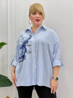 Striped Button-Down Shirt with Floral Embroidery