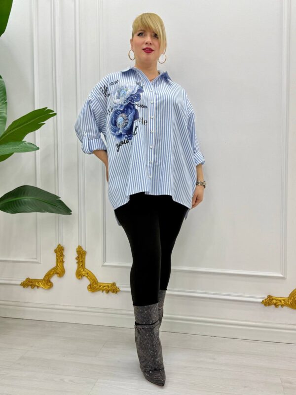Striped Button-Down Shirt with Floral Embroidery