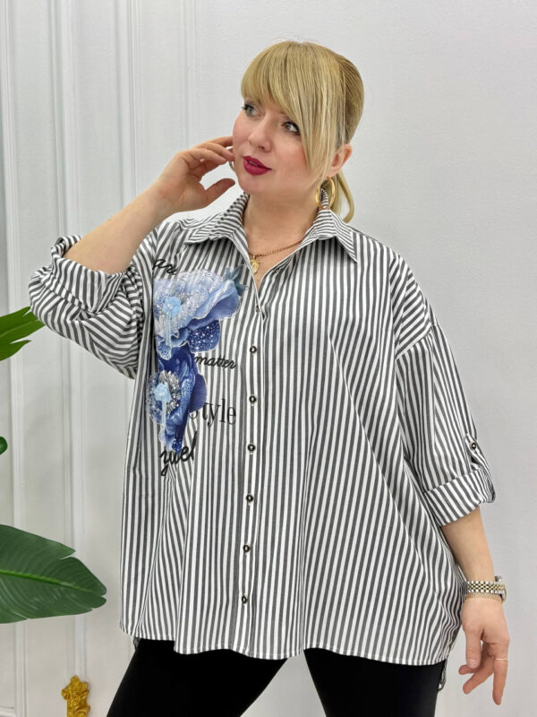 Striped Button-Down Shirt with Floral Embroidery