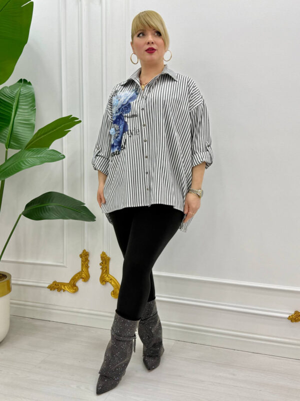 Striped Button-Down Shirt with Floral Embroidery