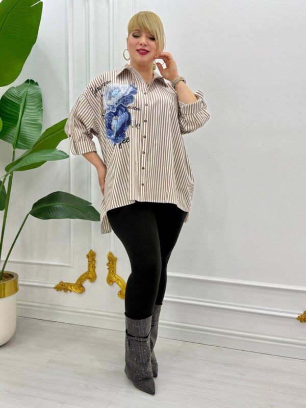 Striped Button-Down Shirt with Floral Embroidery