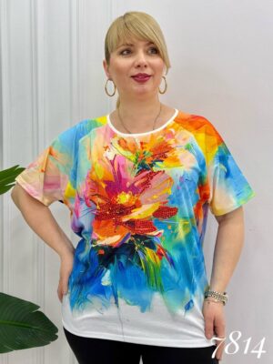 Vibrant Floral Embellished Short Sleeve Blouse