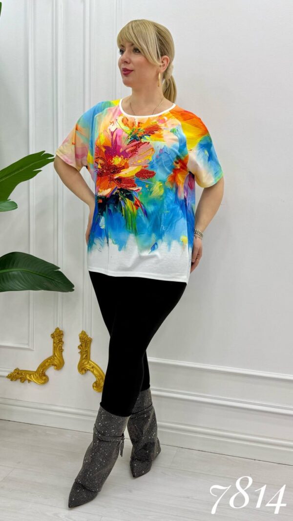 Vibrant Floral Embellished Short Sleeve Blouse