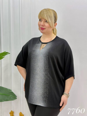 Elegant Rhinestone Gradient Black Batwing Blouse