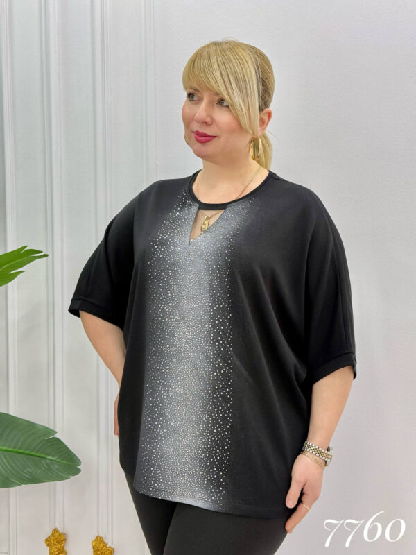 Elegant Rhinestone Gradient Black Batwing Blouse