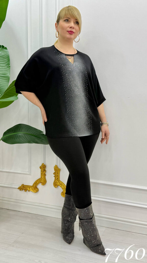 Elegant Rhinestone Gradient Black Batwing Blouse