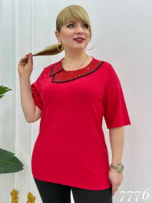 Elegant Red Blouse with Sequin Collar Detail