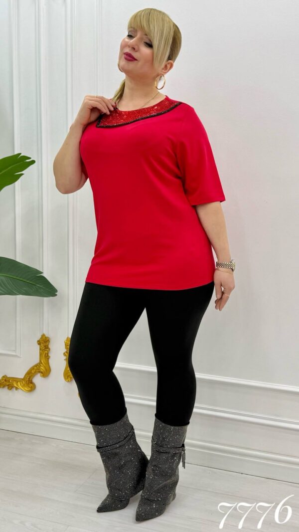 Elegant Red Blouse with Sequin Collar Detail