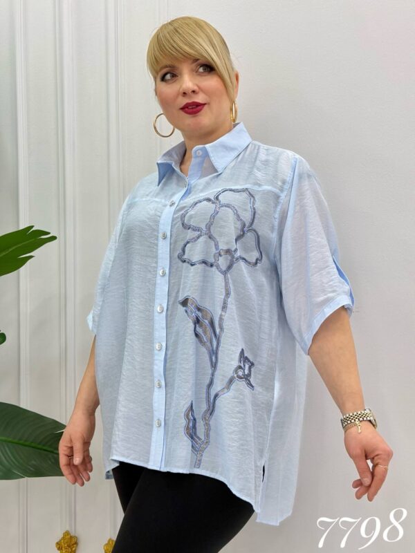 Women's Light Blue Floral Embroidered Wholesale Shirt