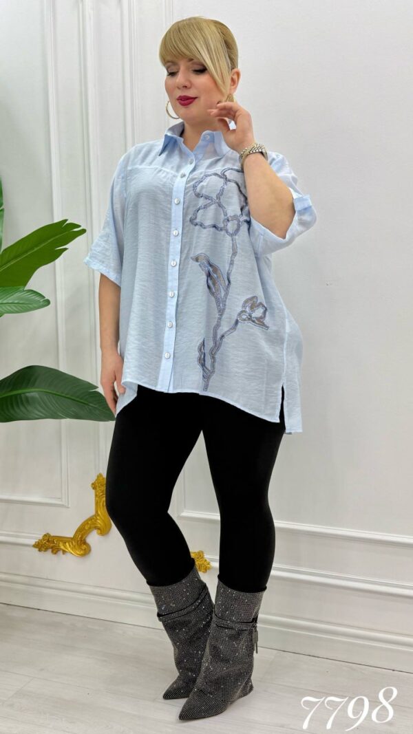 Women's Light Blue Floral Embroidered Wholesale Shirt