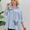Striped Butterfly Applique Embellished Oversized Shirt